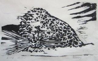 Ken Hillberry; Seethingheart, 2014, Original Printmaking Woodcut, 8.2 x 5.1 inches. Artwork description: 241      an impressionistic capture of a snow leopard, another on the endangered list.         ...