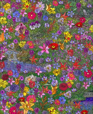 Ken Slabach; Garden, 2012, Original Digital Art, 20 x 24 inches. Artwork description: 241  Thousands of shapes and colors combine to form a surrealistic flower garden. Water features, walking paths and seating areas are provided for interested visitors. Completely hand painted with a digital tablet. Signed and numbered by the artist.  Includes Certificate of Authenticity. ...