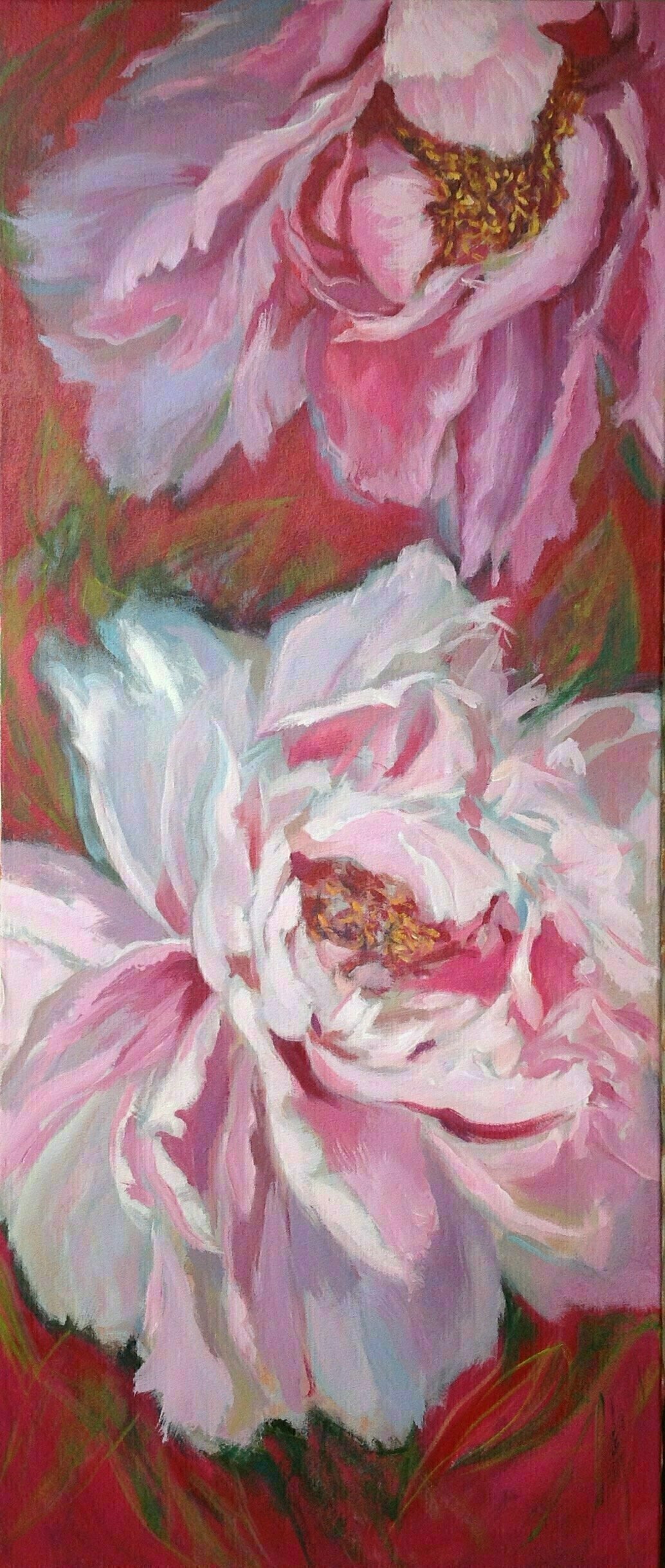 Anyck Alvarez Kerloch; Big Flowers, 2018, Original Painting Acrylic, 55 x 130 cm. Artwork description: 241 Painting of big blooming peonies.  Still life, nature, flowers, botanical, pink, flora. ...