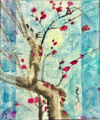 Kichung Lizee; Moon Maid, 2023, Original Mixed Media, 22 x 26 inches. Artwork description: 241 plum blossoms and moon...