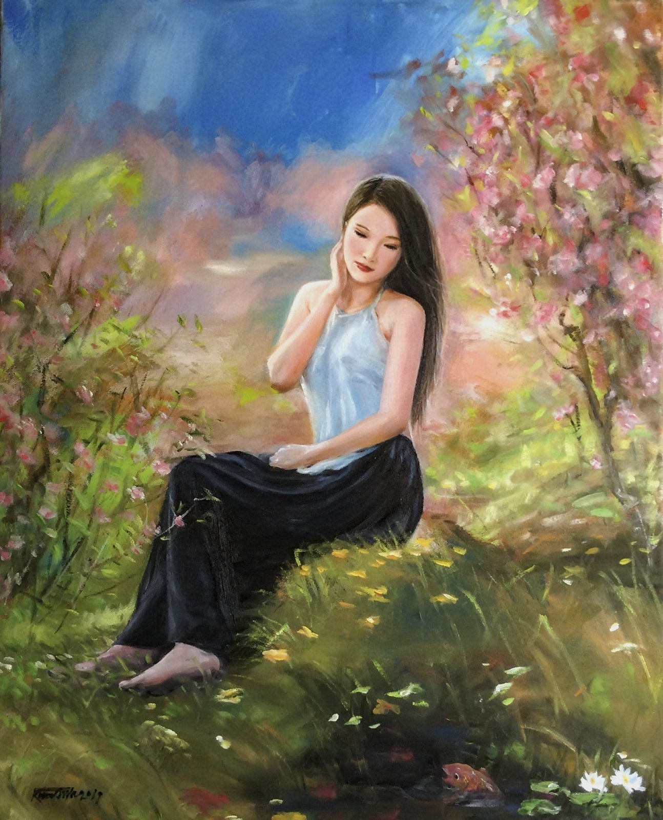 Kim Anh; Miss Viet, 2018, Original Painting Oil, 80 x 100 cm. Artwork description: 241 Modern Vn girl in traditional clothes...