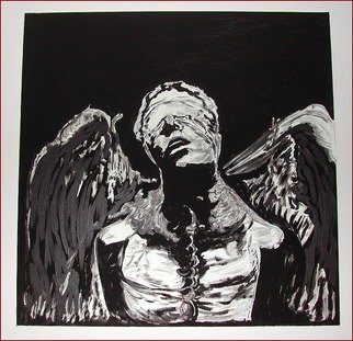 Cosmo Petrone; Chained Fallen Angel, 2012, Original Painting Acrylic, 60 x 70 cm. Artwork description: 241  This artwork is a white brush on a black matte, It represent a recurring dream of a Chained Angel. Injured, chained and blindfolded by humans hes unable to fly back home. ...