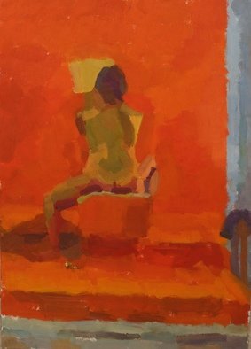 Kyriakos Frantzeskos; Study On Nude, 2013, Original Painting Oil, 50 x 70 cm. Artwork description: 241 woman nude, first, year, studies, observation, happiness, suspense, orange textile, people, book...