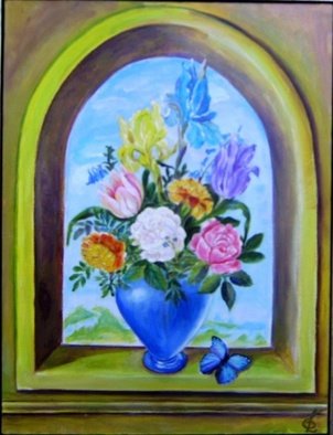 Larsen Lena, 'Flowers with a blue butterfly', 2008, original Painting Acrylic, 60 x 80  x 2 cm. Artwork description: 1758  Acrylic painting on canvas stretched on wood,  framed.  ...