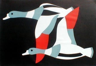 Asbjorn Lonvig, 'Ducks Signed Poster', 2002, original Printmaking Other, 100 x 70  cm. Artwork description: 10038 Two ducks flying round the world promoting mutual understanding among people world wide....