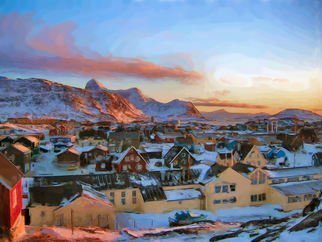 Asbjorn Lonvig, 'Nuuk City Greenland At Po...', 2014, original Digital Painting, 59.4 x 84  cm. Artwork description: 1758  Nuuk City is the capitol of Greenland.Enjoy the Polar Night atmosphere. ...