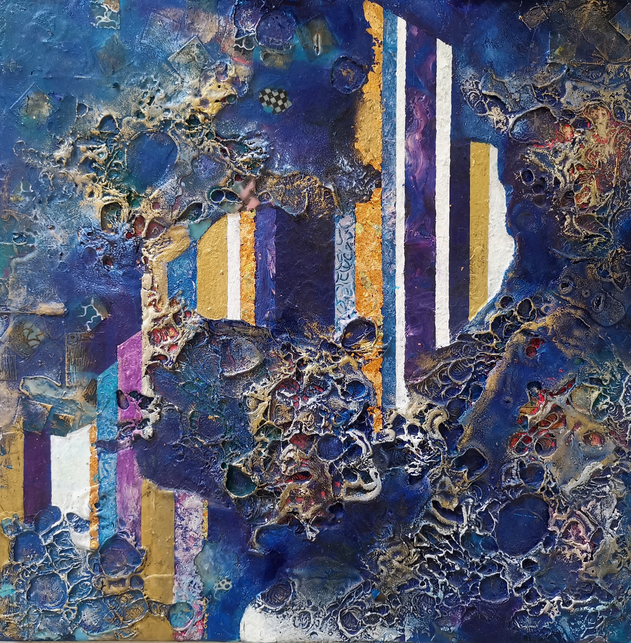 Lynda Stevens; City Mirage, 2014, Original Mixed Media, 40 x 40 cm. Artwork description: 241 Mixed- media composition, juxtaposing an inchoate textured surface against the rigidity of straight columns.  Melted candle wax was used for the textures, acrylic, gouache and enamel paint for the columns, with a little metal foil.  This work explores the tension between artifice and form, and chaos. ...