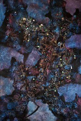 Lynda Stevens; Dazzling Darkness 3, 2021, Original Mixed Media, 60 x 90 cm. Artwork description: 241 This work uses molten wax as a foundation, with broken glass fragments  beads were then added, the surface painted over with acrylics and iridescent paints ...