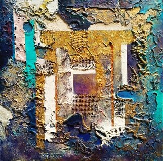 Lynda Stevens; Foundation, 2014, Original Mixed Media, 50 x 50 cm. Artwork description: 241 A square pattetn is worked into a background of inchoate texture using textile fragments and paper, hemve the title  Foundation.  Ground zero for a site to work on. Blue acrylic surfaces are contrasted with gold. ...