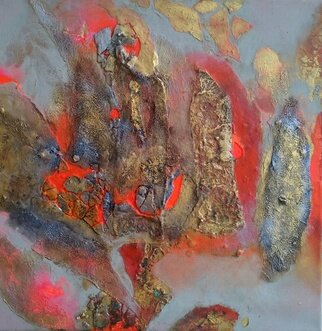 Lynda Stevens; Lava Pools, 2015, Original Mixed Media, 40 x 40 cm. Artwork description: 241 In this work I wanted to contrast deep refs and fluorescent red with sandy gold, and theme is to do with volcanic fields...