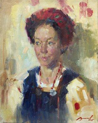 Olexiy Luchnikov; Smile, 2015, Original Painting Oil, 40 x 50 cm. Artwork description: 241  Woman dressed in national ukrainian costume. A fast emotional work. ...