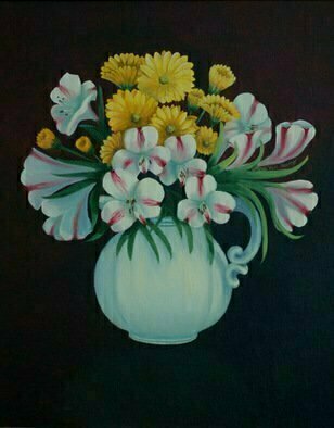 Lora Vannoord, 'Pitcher Of FLowers', 2009, original Painting Oil, 20 x 16  x 1 inches. Artwork description: 2307  Original oil painting of an antique pitcher with flowers. The background is not black. It is sections of ver dark colors. ...