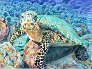 Mary Jean Mailloux; Giant Sea Turtle, 2023, Original Watercolor, 12 x 9 inches. Artwork description: 241 Catching sun rays through the aquamarine water in Papagayo Gulf, this giant sea turtle paused for a selfie. ...