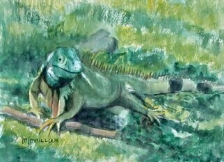Mary Jean Mailloux; Iguana Camo, 2020, Original Watercolor, 8 x 6 inches. Artwork description: 241 So close in colour to its surroundings, this giant iguana, sat calmly next to the walkway.  It had no intention of moving.  I readily excused myself.  Up close it reveals its exquisite colouring...