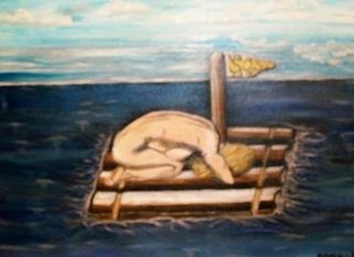 Mamu Art; SOS, 2008, Original Painting Oil, 70 x 50 cm. Artwork description: 241  Hilflose Frau treibt einsam und allein auf hoher See.Wann ist Rettung in Sicht? ...