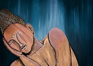 Mamu Art; Silence, 2010, Original Mixed Media, 100 x 70 cm. Artwork description: 241  Friedlich sitzt der bronzefarbene Buddha da, den Kopf in die Hand gelegt, schenkt er dem Betrachter Ruhe und Frieden.          ...