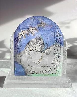 Margaret Stone, 'Harp Woman With Watching ...', 2010, original Glass, 12 x 13  x 5 inches. Artwork description: 2703 The harp woman rides through the forest leaving music that frees souls on their journey. A warrior rides the same path and watches over her. This glasswork is created through fusing layers of shaped transparent colored glasses. It becomes a solid panel when fired in the kiln. ...