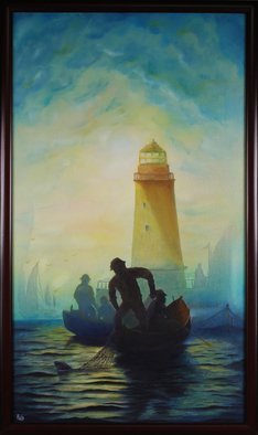 Raju Dyapur; Early Morning Fishing, 2016, Original Painting Oil, 16.5 x 28 inches. Artwork description: 241  This is a oil painting on a stretched canvas depicting fishing time in the early hours of the morning. Which shows the mood and color.This art work is framed and ready to hang.If you have any questions, please let me know.# landscape # fishing # sunrise # sunset # ...