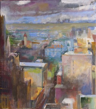 Martha Hayden; Sixth Street St Louis, 2019, Original Painting Oil, 18 x 20 inches. Artwork description: 241 On 6th Street in St.  Louis, on this wintery, late afternoon, clouds are coming in.  You can see down into the street as well as out toward lighter colored building and green fields in the distance.  Fewer value changes in the distance, a light middle ground and ...