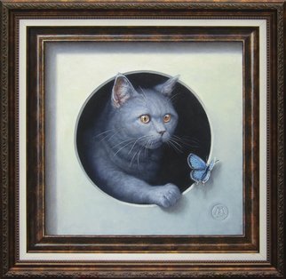 Yuriy Matrosov; Cat And Butterfly, 2017, Original Painting Oil, 15.7 x 15.7 inches. Artwork description: 241 Painting Oil on Canvas. This trompe l oeil depict realistically rendered painting of british shorthair cat and butterfly in both real and illusionary frames. The cat is climbing out of the circle hole erasing the boundary between image and reality. For this painting, I applied several layers ...