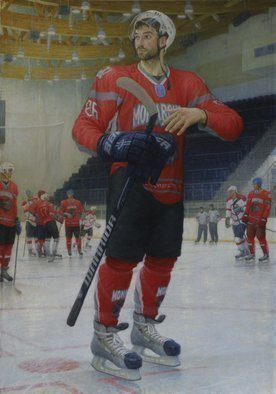 Yuriy Matrosov; Portrait Of A Hockey Man, 2015, Original Painting Oil, 27.6 x 41 inches. Artwork description: 241 Painting Oil on Canvas. This artwork depict realistically rendered painting of hockey man. For this painting, I applied several layers of paint to the canvas in classic oil painting technique. I used a strong light and heavy shadows to create depth in a painting and a centre ...