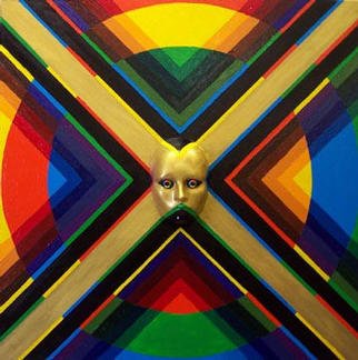 Michael Griesgraber; Tut Too, 2003, Original Painting Acrylic, 36 x 36 inches. Artwork description: 241 Bright primary colors of red, blue, yellow and greed circle and radiate from a gilded gold face mask. ...
