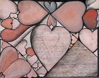 Michael Rusch; Heartstained Window, 2002, Original Printmaking Giclee,   inches. Artwork description: 241 An interesting arrangement of hearts mimics the qualities of stained glass.Painted on illustration board it is a primary design tile to be expanded in digital technology at a later date.It is presently available as a primary print  and can be hand signed by the artist ...