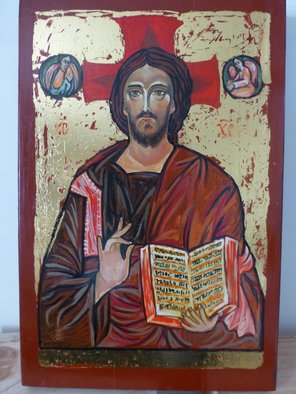 Milena Pramatarova; Jesus Christ, 2015, Original Drawing Gouache, 28.5 x 43 cm. Artwork description: 241  Jesus Christ, icon, 43 x 28. 5 cm. materials: wood, tempera ...