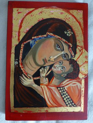 Milena Pramatarova; Mother Mary With Christ, 2015, Original Drawing Gouache, 25.5 x 38 cm. Artwork description: 241  Mother Mary with Christ, icon, 38 x 25. 5 cm. materials: wood, tempera ...