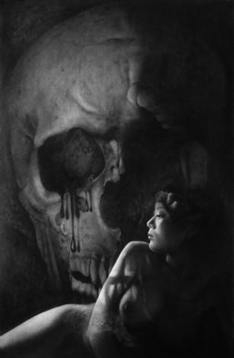 Minh Hang; Nude With Skull, 2009, Original Drawing Charcoal, 22 x 34 inches. 
