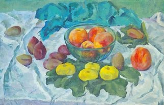 Moesey Li; Peaches With Figs, 1975, Original Painting Oil, 59 x 38 cm. Artwork description: 241 realism, still life, peaches, figs, vase, tablecloth...