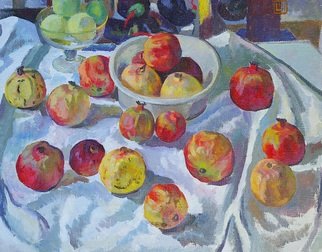 Moesey Li; Pomegranates, 1983, Original Painting Oil, 74 x 60 cm. Artwork description: 241 realism, still life, pomegranates, apples, tablecloth...
