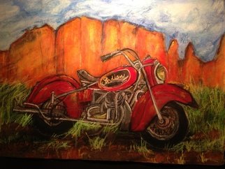 Sherry Harradence; Indian Red Summer, 2013, Original Mixed Media, 60 x 50 inches. Artwork description: 241  Motorcycle, bike, Indian bike, vintage bike, red, Sedona, Arizona, biker, Father's Day, gift, red, green, orange, blue, reclaimed wood frame, one of a kind, unique, motorist, for him. For her, special edition, art, painting, original art work,  ...