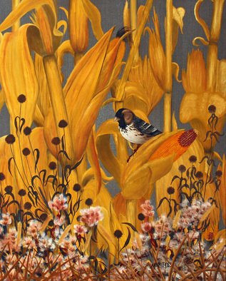 Mike Ross; Harris Sparrow, 2012, Original Painting Oil, 24 x 30 inches. Artwork description: 241  Harris sparrow, sparrow, corn field, song birds, small birds, 24