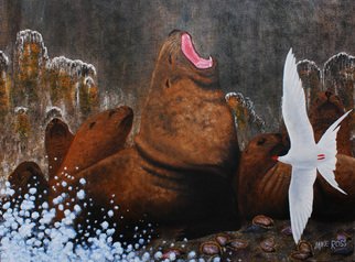 Mike Ross; I Am The Boss, 2014, Original Painting Oil, 48 x 36 inches. Artwork description: 241  A male stellars sea lion surveys his harem on a rocky out crop in the Gulf Of AlaskaKey Words:Stellar's sea lions, sea lions, seals, marine mammals sea scapes, sea life arctic tern, gulls, terns, , birds, sea birds, shore birds, shore lines,  oil paintings, oils, ...