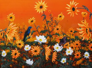 Mike Ross; Sunflowers And Pickly Poppies, 2014, Original Painting Oil, 48 x 36 inches. Artwork description: 241  Birds, song birds, sunflowers, prickly poppies, weeds, insects, butterflies, blue grosbeak, queen butterfly, yellows, ochre, indigo, blues, oil paintings, oils, large oils, prints, rolled prints, framed prints, animals, wildlife, wildlife art, landscapes, sunsets, sunrises, fine art, contemporary art, North American art, greeting cards, canvas prints, steel prints, ...