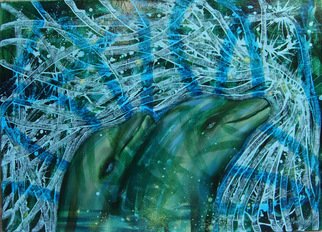 Rafal Mruszczak; Dolphins, 2015, Original Painting Oil, 100 x 70 cm. Artwork description: 241 sea, blue, water, waves, aquatic, dolphins, field, magnetic, ocean...