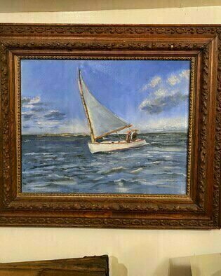 Michael Garr; Wickford Catboat, 2023, Original Painting Oil, 20 x 16 inches. Artwork description: 241 A Catboat racingmaking its way to windward with two men on the rail on a windy day...