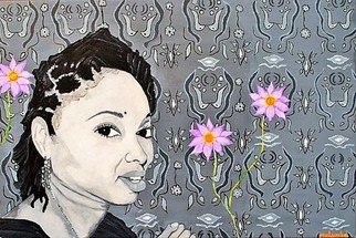 Mulumba Tshikuka; Melissa Cobbler, 2009, Original Painting Acrylic, 30 x 20 inches. Artwork description: 241 Black girl, pink flowers, black and white contrast...
