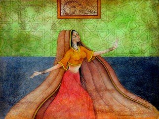 Shahid Rana; Dancing Girl, 2012, Original Watercolor, 14 x 11 inches. Artwork description: 241 this is miniature realistic painting, painted by shahid rana, it is original work, water color on cardboard...