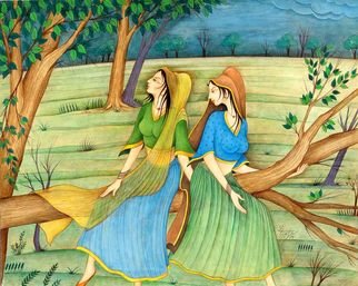 Shahid Rana; Two Sisters, 2012, Original Watercolor, 15 x 10 inches. Artwork description: 241 this is miniature realistic painting, painted by shahid rana, it is original work, mixed media on canvas. ...