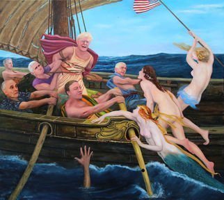 Richard Barone; Uss Donald Trump, 2018, Original Painting Oil, 48 x 43 inches. Artwork description: 241 President Donald Trump as Ulysses braves the song of the Sirens, while Vice President Mike Pence ties Trump to the mast, and Secretary of State Mike Pompeo, Trump s attorney Rudy Giuliani, Secretary of Defense Jim Mattis, and Supreme Court Judge Neil Gorsuch with ears plugged so ...