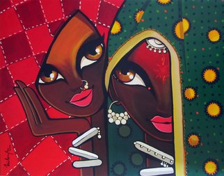 Niloufer Wadia; Friends, 2012, Original Painting Acrylic, 25 x 20 inches. Artwork description: 241  2 tribal women laughing together. Bright veils add to the graphic shapes in this art      ...