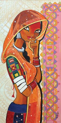 Niloufer Wadia; MOHINI The Enchantress, 2015, Original Painting Acrylic, 24 x 48 inches. Artwork description: 241  A beautiful tribal woman from India, peeking from her veil....