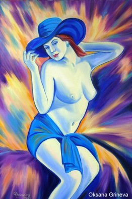 Oksana Grineva;  Blue Belle, 2013, Original Painting Oil, 24 x 36 inches. Artwork description: 241       Nude, Figurative, female, people, woman , contemporary, original, giclee, prints        ...
