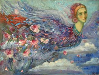 Olga Bukowska; In The Clouds, 2014, Original Painting Oil, 89 x 116 cm. Artwork description: 241   bird, face, woman, feather, clouds, sky ...