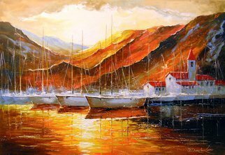 Olha Darchuk; Yachts In The Mountain Harbor, 2021, Original Painting Oil, 130 x 90 cm. Artwork description: 241 Yachts in the mountain harbor oil painting on canvas without frame in a single copy, as the edges are painted, 100  handmade with high- quality oil and palette knife . Decorate your interior and feel great positive emotions from your work. Ready to hang. ...
