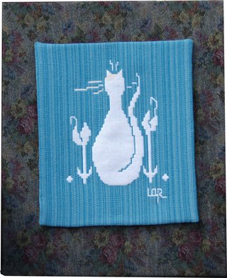 Lisbet Olin-Ranstam; Cat In Flowerbed, 2006, Original Crafts, 50 x 60 cm. Artwork description: 241 Wallhanging, handwoven in Scandinavian double- weft and mounted on a cloth- covered frame...