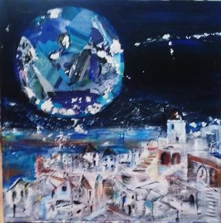 Liz Taylor; Blue Moon Over Santorini, 2020, Original Painting, 24 x 24 inches. Artwork description: 241 Blue Moon Over Santorini is part of a huge body of work called OVER THE MOON 2020.  The piece is inspired by my travels through the Greek Islands.  The actual blue moon has shown itself over Santorini and is a spectacular sight.  Created using collage and acrylics, ...