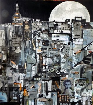 Liz Taylor; Moon Over New York City, 2020, Original Painting, 60 x 80 inches. Artwork description: 241 I am creating a body of work called OVER THE MOON 2020.  Each piece of work is created in collage, using recycled materials.  Each piece of work is totally unique, with no prints available.  Moon Over New York City is the largest of the pieces, is framed ...